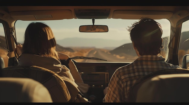 写真 若い夫婦が砂漠を道路で旅をしている