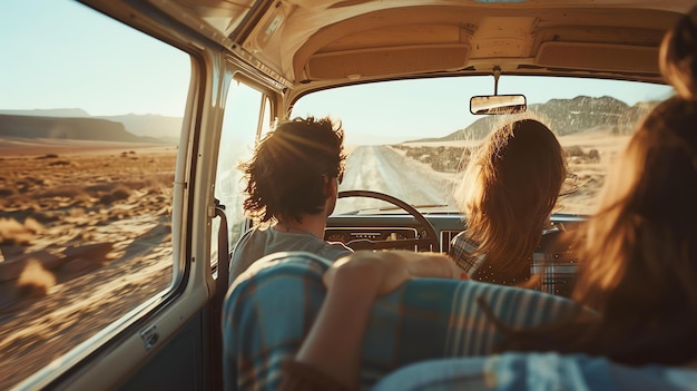 Foto una giovane coppia che guida un furgone d'epoca attraverso il deserto