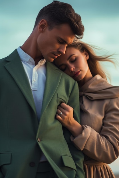 A young couple embraces on a beach