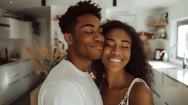 Young couple embracing in a cozy kitchen sharing a moment of affection love and relationship in a domestic setting natural lighting and casual attire AI