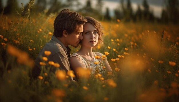 Young couple embracing in rural sunset meadow generated by AI