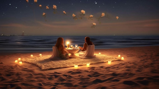 ビーチで夕暮れを見ている若いカップル