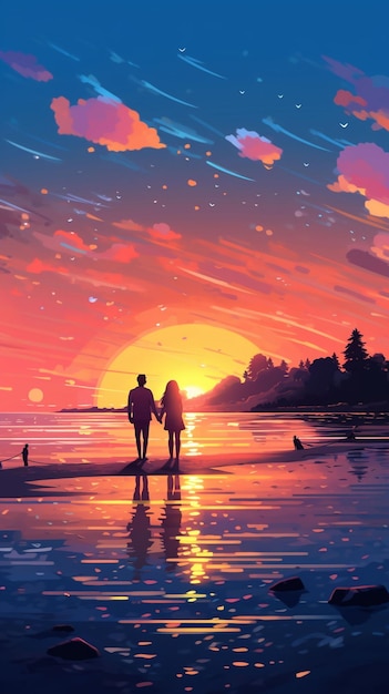 Young couple embracing watching sunset on beach