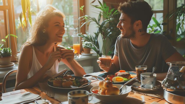 Young couple enjoying breakfast together in the morning light