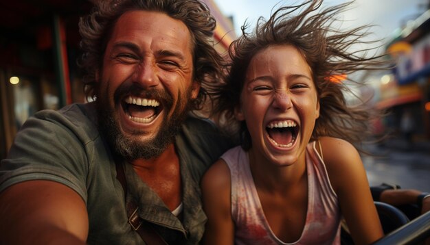Photo young couple enjoying a carefree summer laughing and smiling together generated by ai