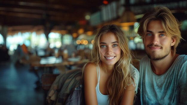 Young Couple Enjoying Conversation at a Busy Coffee Shop