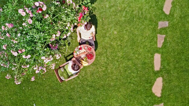 Giovani coppie che godono di cibo e bevande nel bellissimo giardino di rose in un appuntamento romantico, vista aerea dall'alto