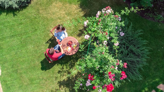 Young couple enjoying food and wine in beautiful roses garden on romantic date, aerial top view from above of man and woman eating and drinking together outdoors in park