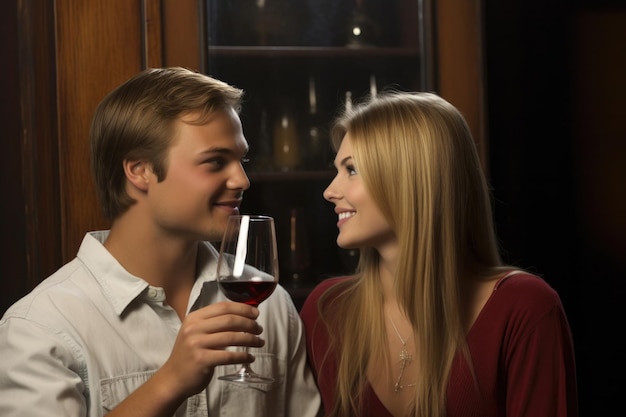 A young couple enjoying a glass of wine in front of the fireplace created with generative ai