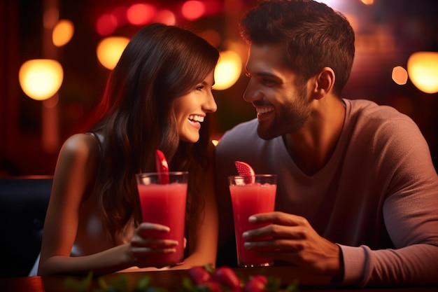 A young couple enjoying glasses of strawberry juice together in a cozy cafe