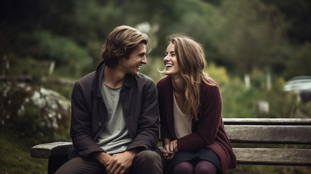 young couple enjoying nature laughing on bench