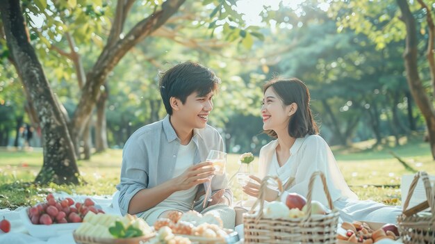 若い夫婦が公園でピクニックを楽しみ食べ物と飲み物を飲んでいます