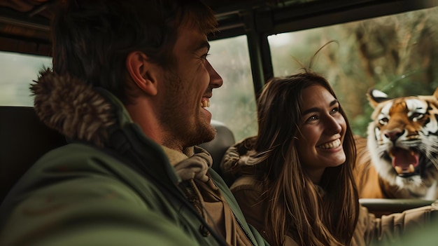 Молодая пара наслаждается приключением в сафари улыбается от волнения оживленная встреча с дикой природой захватила момент радости и сюрприза живописный опыт путешествия на открытом воздухе аутентичная экскурсия ИИ