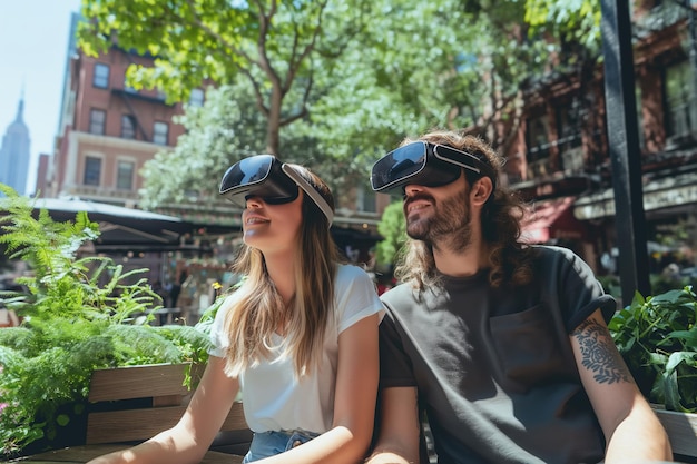 Young couple enjoying virtual reality technology at an outdoor cafe in sunny day