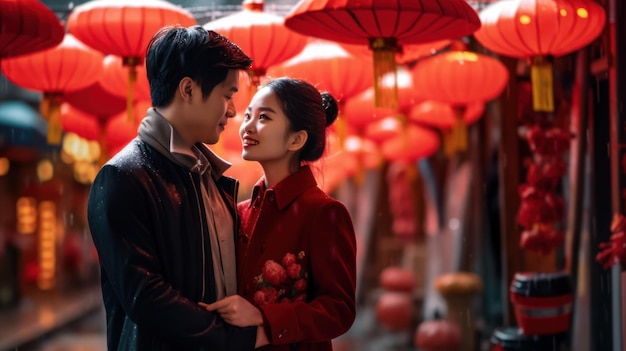 Photo a young couple enjoys a new years eve celebration on the streets of china