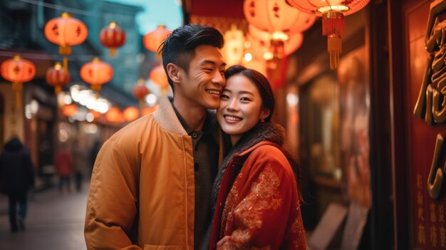 Photo a young couple enjoys a new years eve celebration on the streets of china