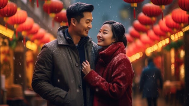 A young couple enjoys a new years eve celebration on the streets of china