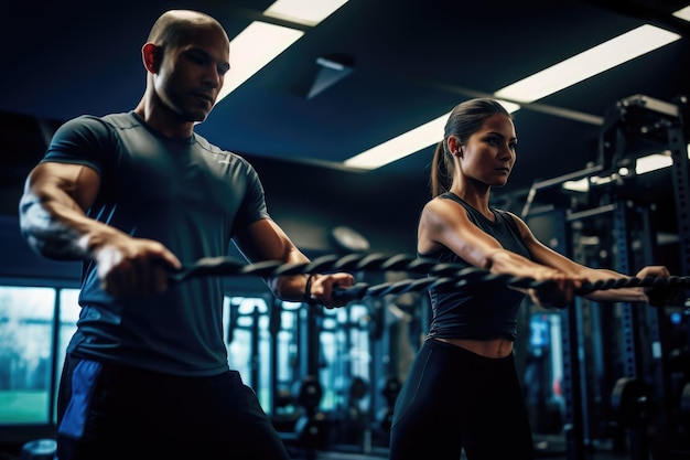 A young couple exercising together at a gym Generative AI