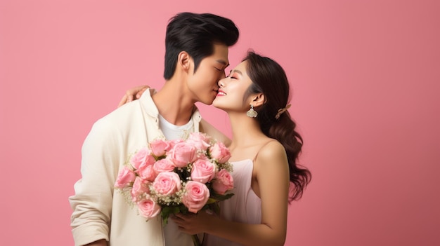 Young couple falling in love with woman holding bouquet of flower isolated on pink pre wedding