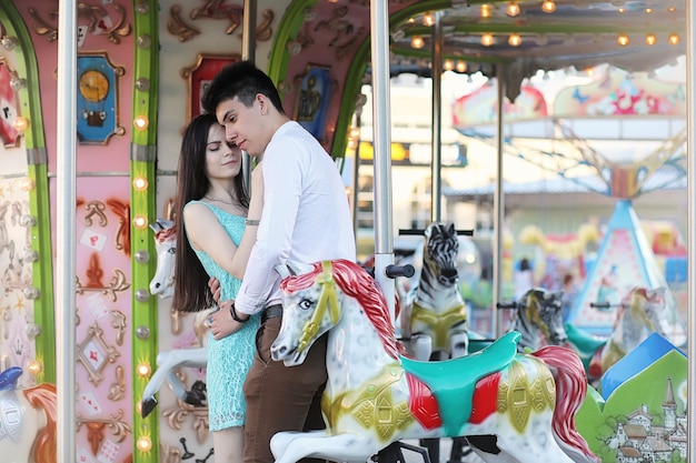 Young couple on the first date in the city park