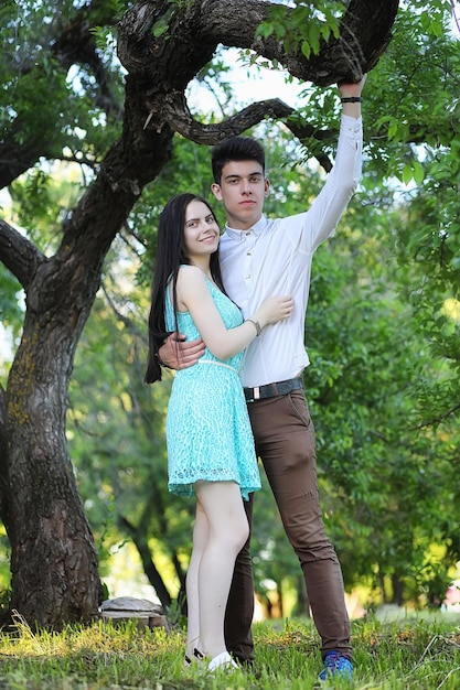 Young couple on the first date in the city park