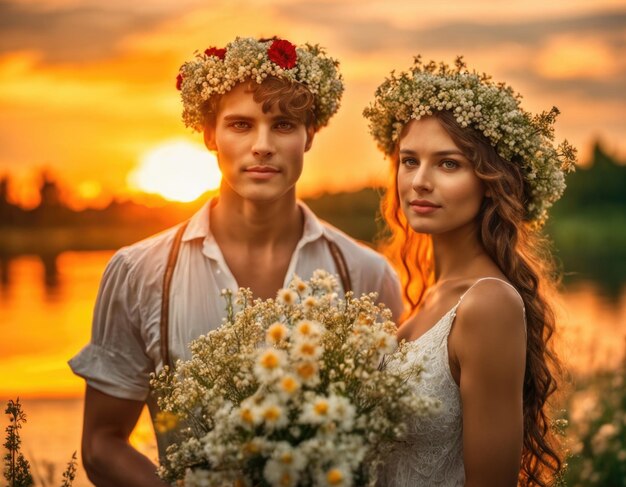 Young couple in flower wreaths near the water Slavic holiday of Ivan Kupala Generation of AI