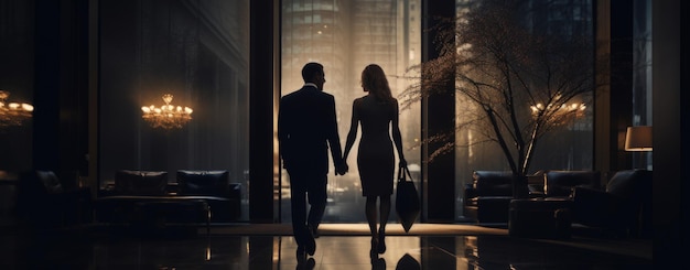 Young couple in formal clothes walking on luxury lounge hotel at evening AI generated image