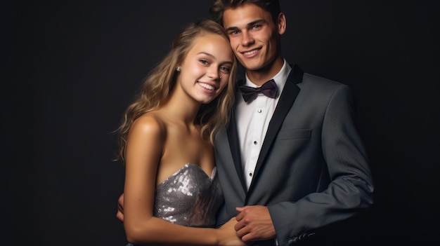 молодая пара в официальной одежде позирует для фото.