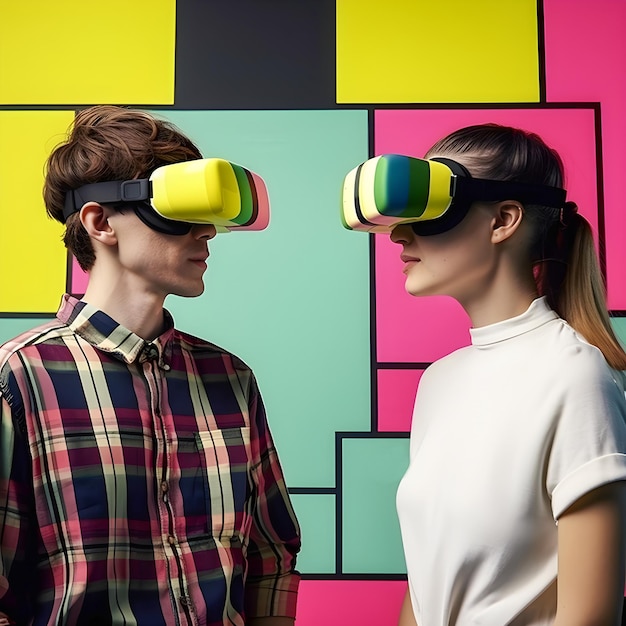 Photo young couple of friends guy girl in vr glasses concept of people's lifestyle look into a virtual reality headset