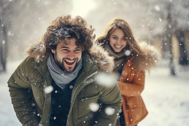 若い夫婦の友人男性と女性が冬の雪に覆われた公園で冬の外着を着て散歩しています