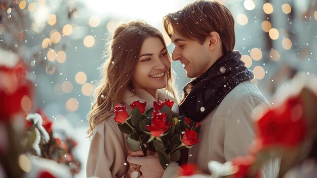 young couple giving valentine gifts inside the house