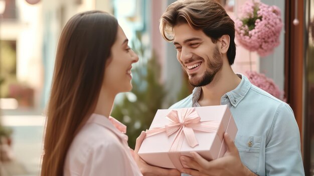 Photo young couple giving valentine gifts inside the house