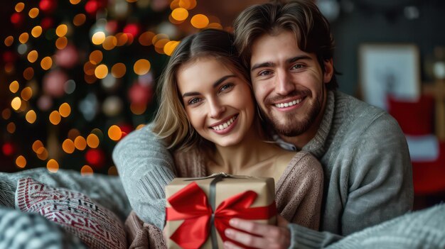 young couple giving valentine gifts inside the house