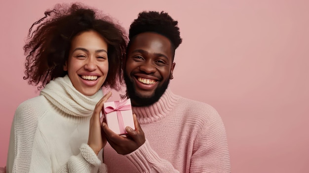 Photo young couple giving valentine gifts and rose inside the house