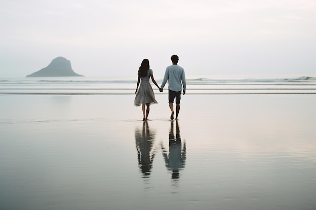 手を握り合い、自然のままのビーチを並んで歩く若いカップル