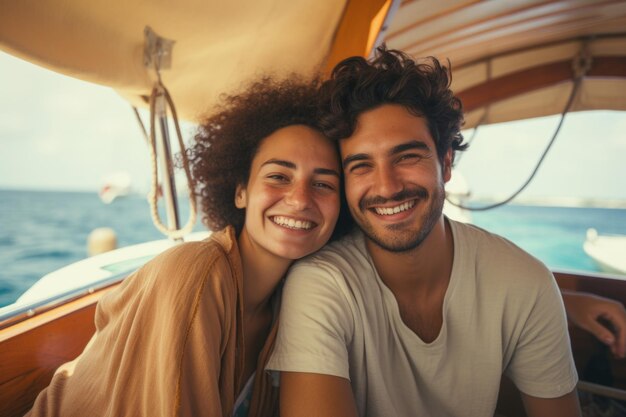 young couple happy expression sailing on a boat ai generated