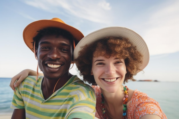 젊은 커플 행복한 표정 여름 휴가 및 해변 개념 AI 생성