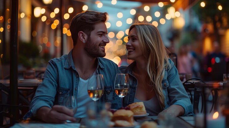 Photo a young couple having dinner at an outdoor cafe
