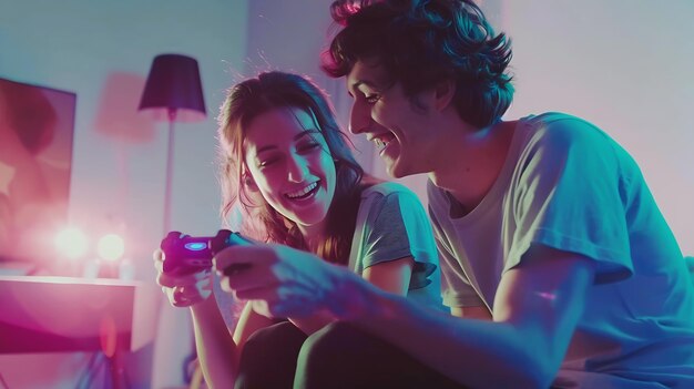 Photo young couple having fun playing videogame at home generative ai