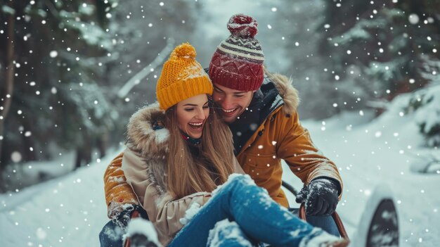 a young couple having fun in snowfall