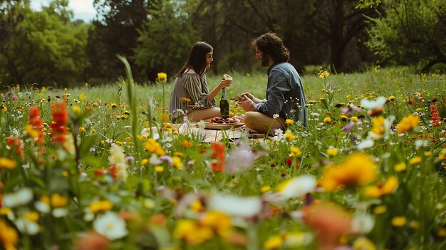 Photo young couple having picnic in a field of flowers they are sitting on a blanket and eating from a basket of food