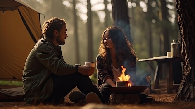 Young couple having a picnic sitting near a campfire and tent drink coffee in the pine forest