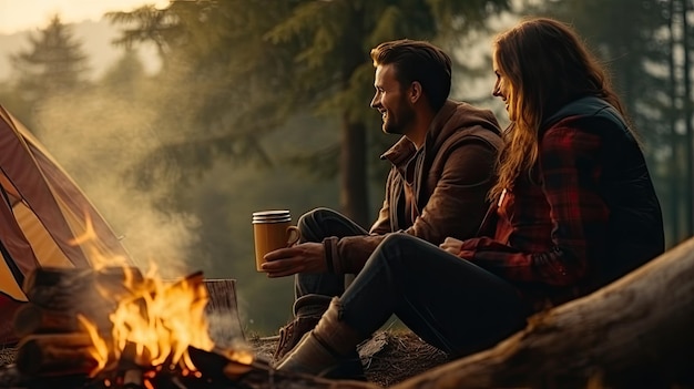 Молодая пара устраивает пикник, сидя возле костра и палатки, пьет кофе в сосновом лесу