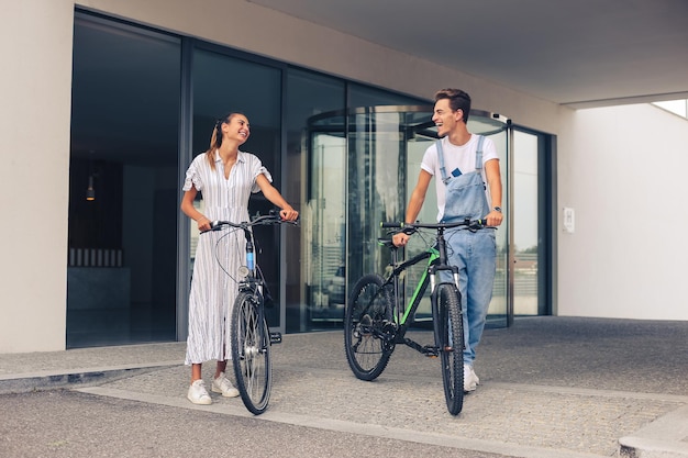 Young couple having a romantic date with bicycles