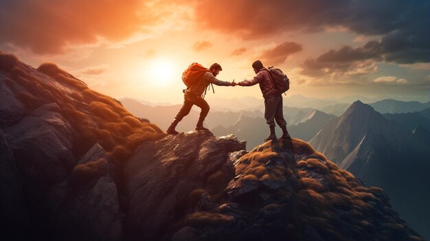 young couple of hikers with backpacks on top of each other in the mountains on a sunset