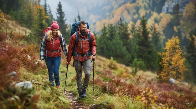 Young couple hiking in the mountains They are both smiling and look happy The man is wearing a red jacket and the woman is wearing a blue jacket