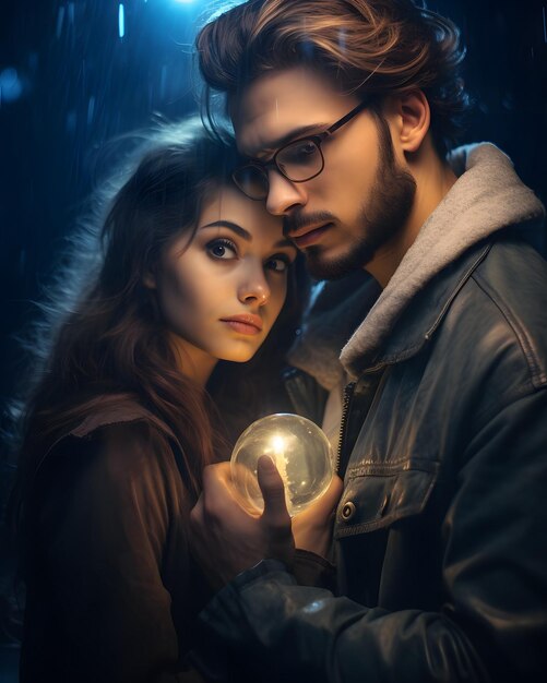 Photo young couple holding glowing globe