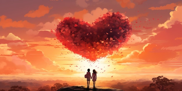 일몰 배너 포스터 복사 공간을 즐기고 언덕 위 꽃잎의 큰 심장 아래 손을 잡고 있는 젊은 부부