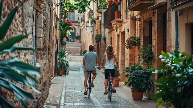 Foto una giovane coppia si tiene per mano e va in bicicletta lungo una strada stretta in un villaggio spagnolo