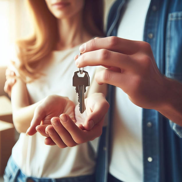 Photo young couple holding a key this is suitable for themes related to real estate home buying and moving